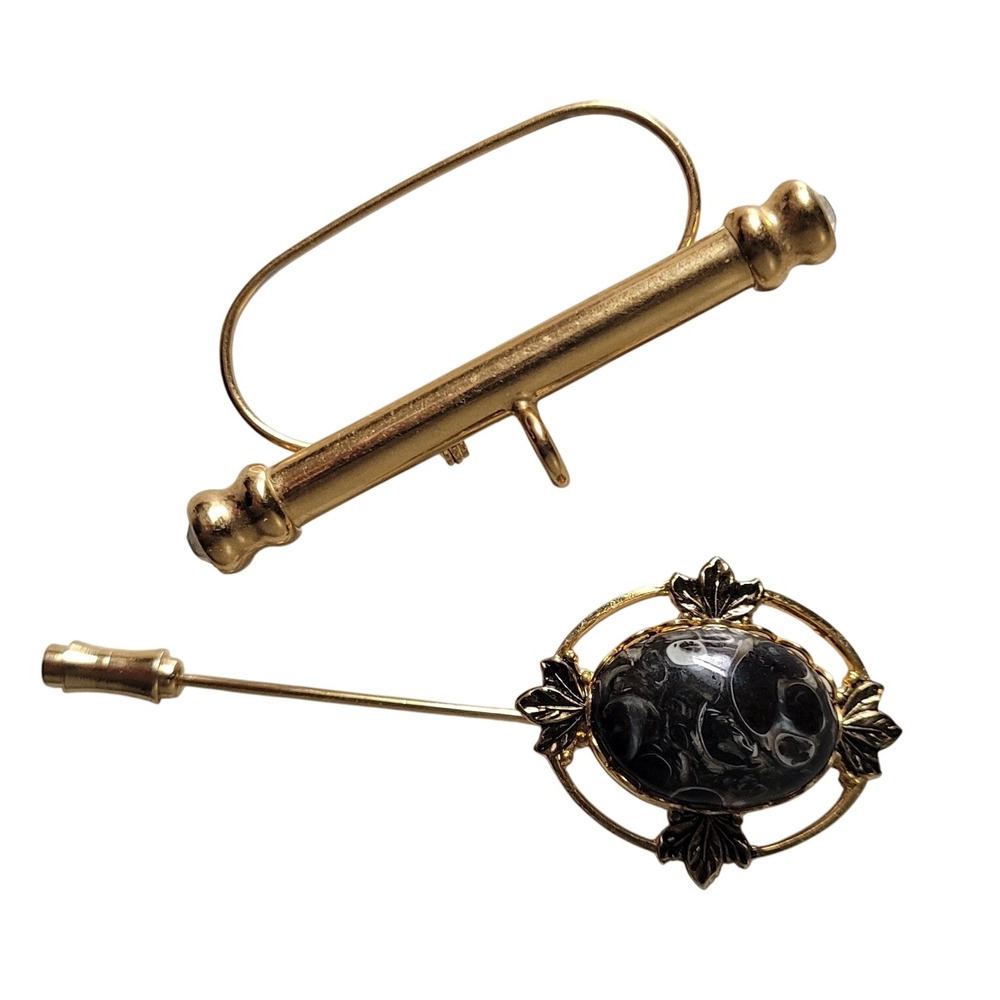 VTG Gold Tone Tie Clasp Stick Pin Set Black Marble Swirl Stone Rhinestone Accent